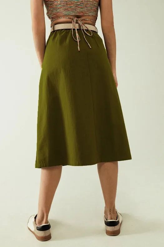 A Line Midi Khaki Skirt with Pockets in Khaki