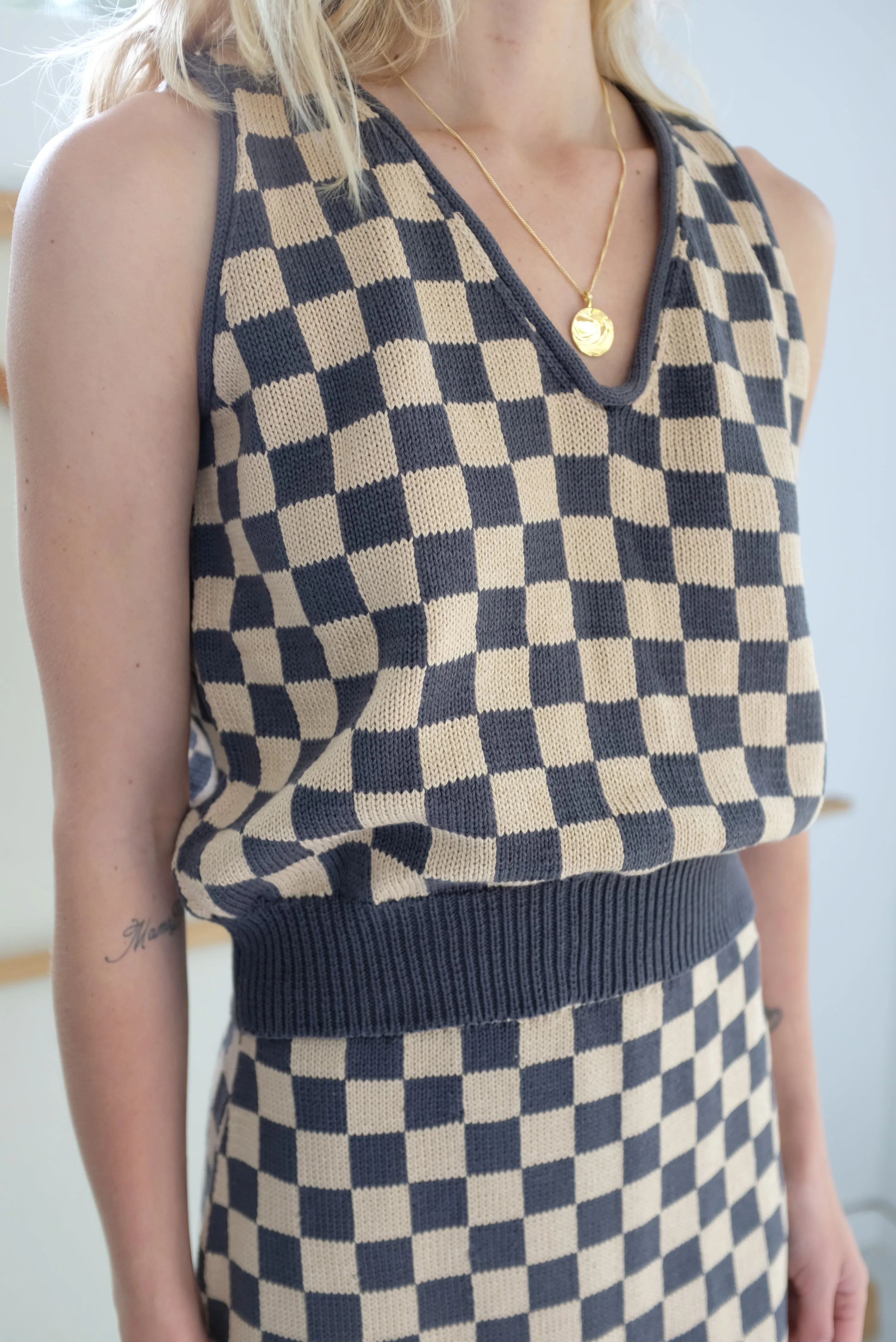 Beklina Knit Check Tank Charcoal