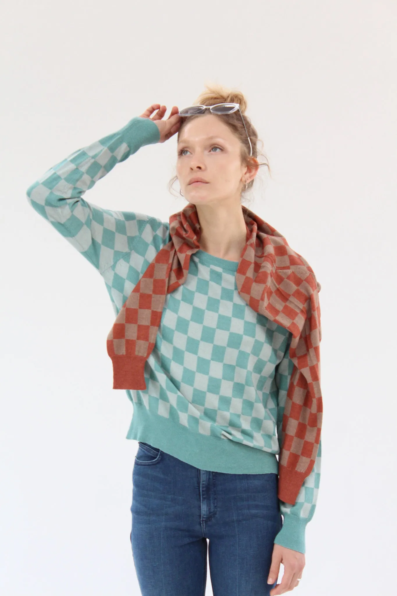 Beklina L/S Sleeve Knit Top Check Aqua