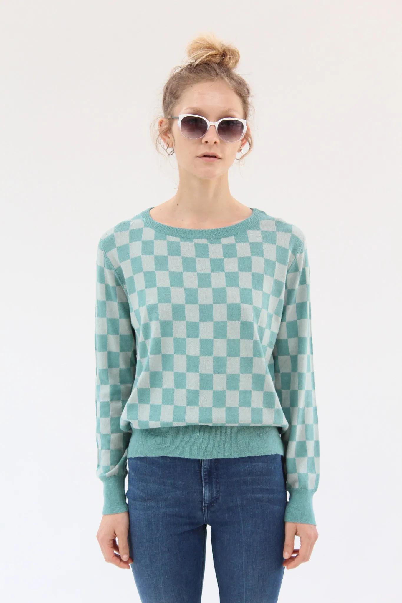 Beklina L/S Sleeve Knit Top Check Aqua