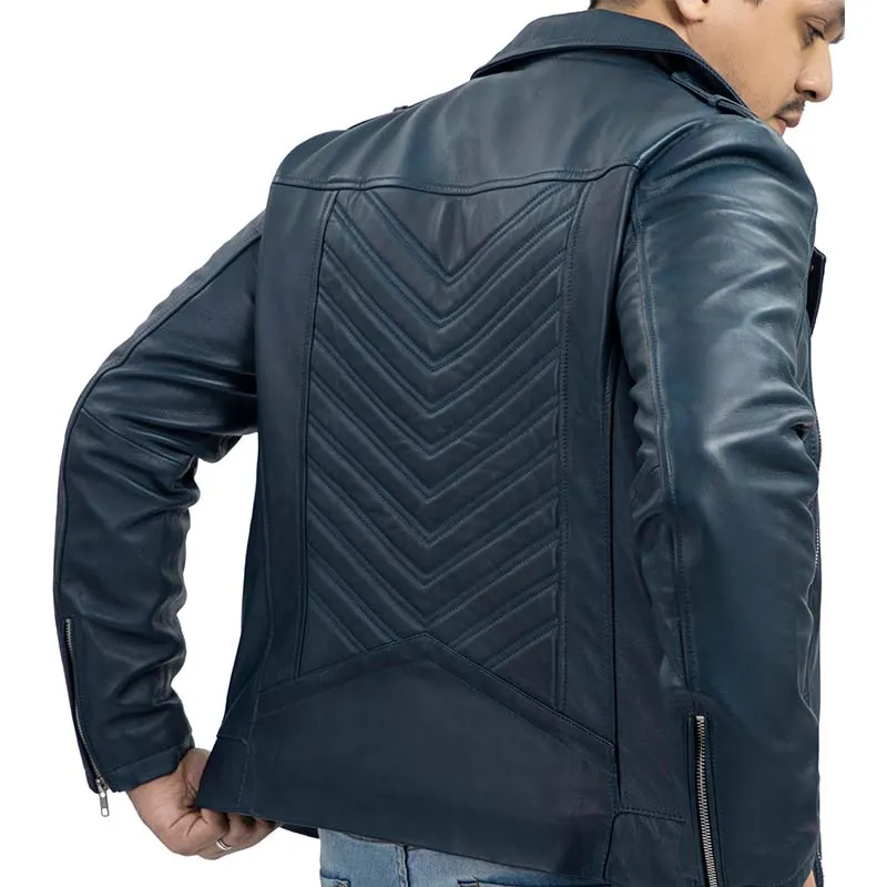 Biker Style Genuine Leather Jacket Men - Vintage Look Asymmetric Zip-Up Hand Waxed Leather Lapel Style Motorcycle Jacket-Blue