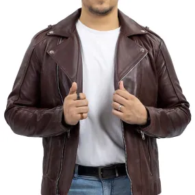 Biker Style Genuine Leather Jacket Men - Vintage Look Asymmetric Zip-Up Hand Waxed Leather Lapel Style Motorcycle Jacket-Maroon