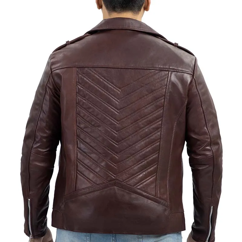 Biker Style Genuine Leather Jacket Men - Vintage Look Asymmetric Zip-Up Hand Waxed Leather Lapel Style Motorcycle Jacket-Maroon