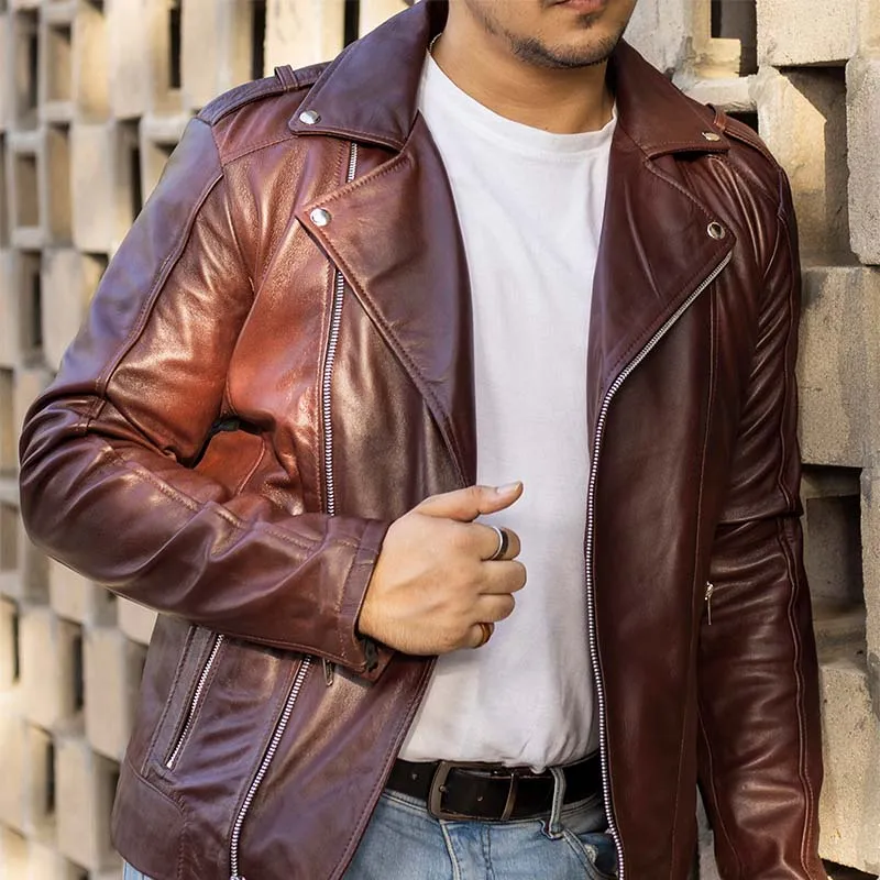 Biker Style Genuine Leather Jacket Men - Vintage Look Asymmetric Zip-Up Hand Waxed Leather Lapel Style Motorcycle Jacket-Maroon