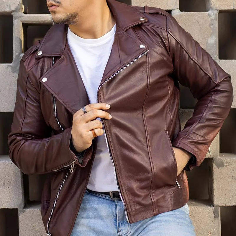 Biker Style Genuine Leather Jacket Men - Vintage Look Asymmetric Zip-Up Hand Waxed Leather Lapel Style Motorcycle Jacket-Maroon