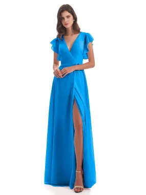 Blue Ocean Bridesmaid Dress Hope Charming V Neck Long Chiffon Bridesmaid Dresses