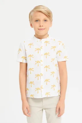 Boys White Printed Mandarin Collar Shirt