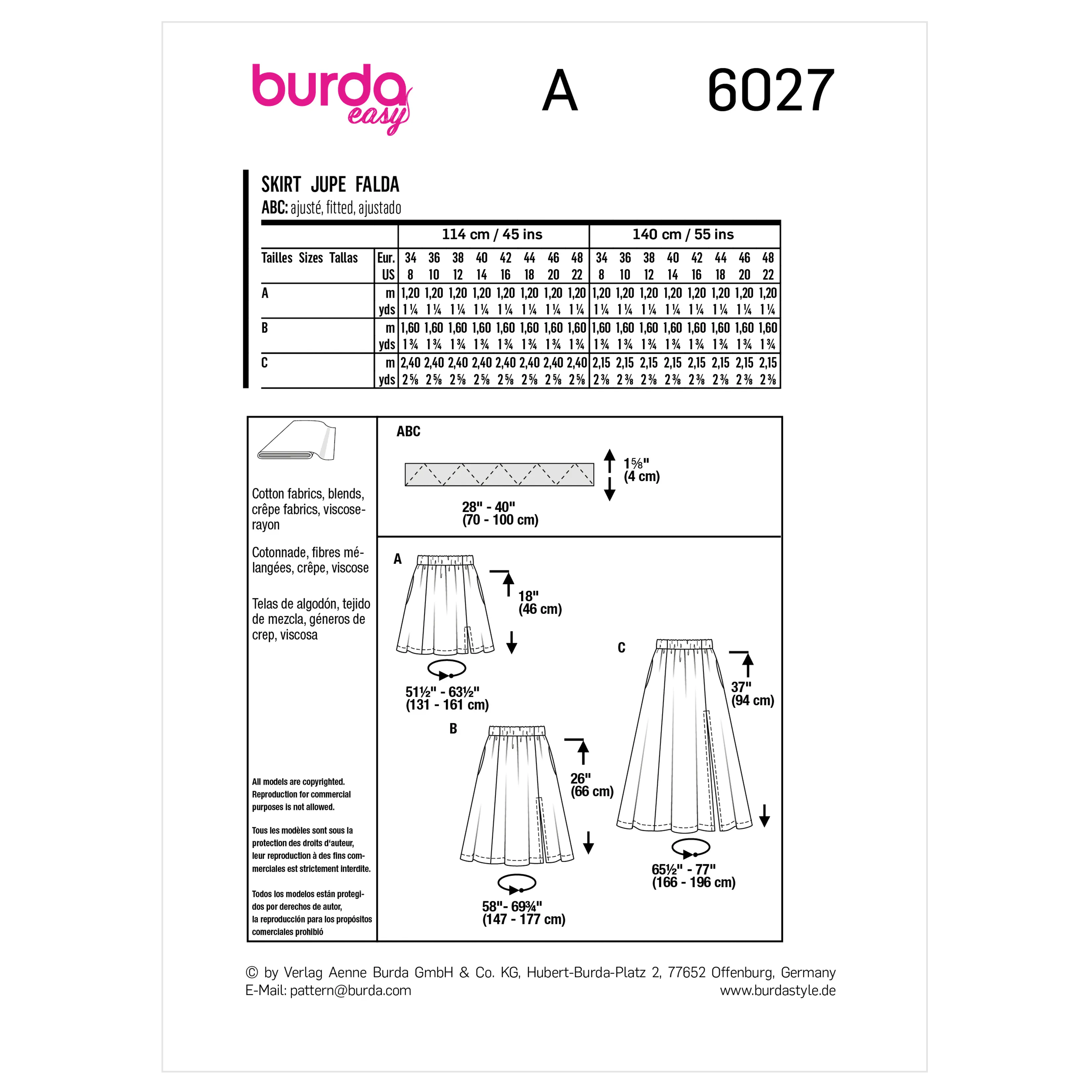 Burda Pattern 6027 Misses' Skirt/Pants