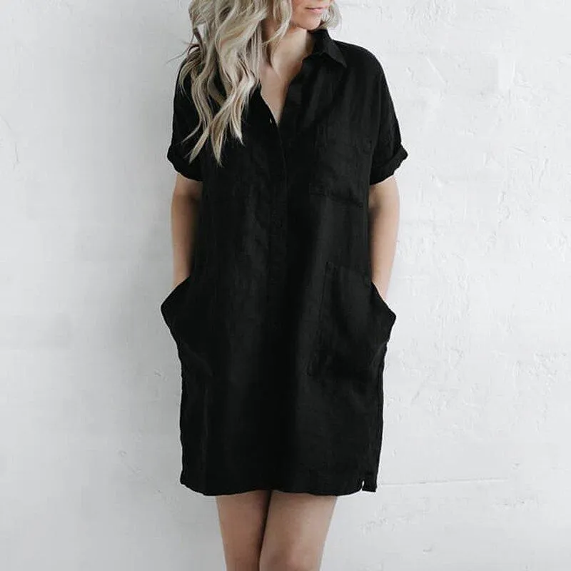 Casual Linen Pockets Mini Dress