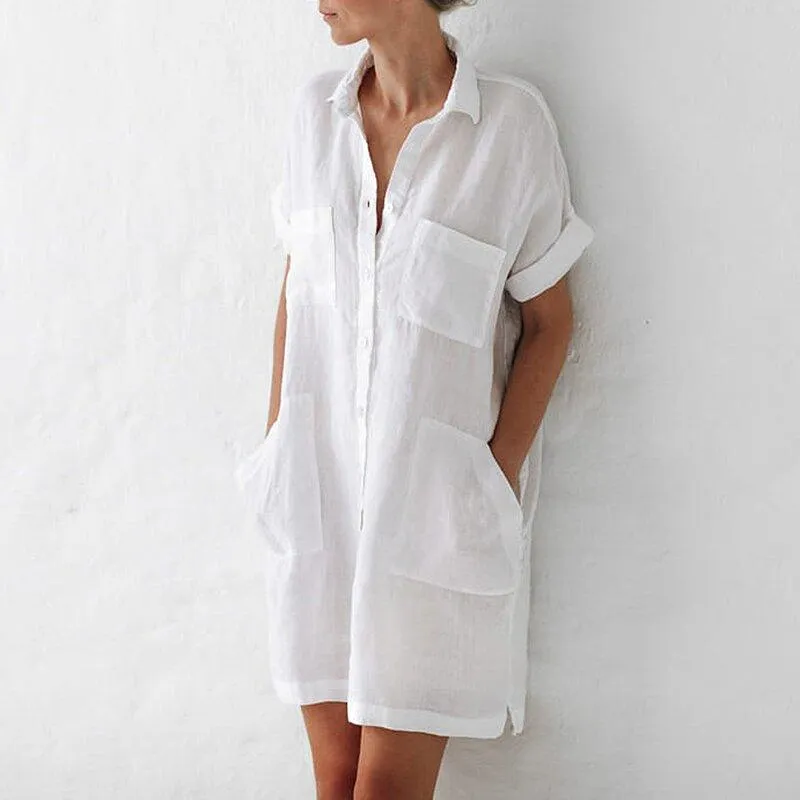 Casual Linen Pockets Mini Dress