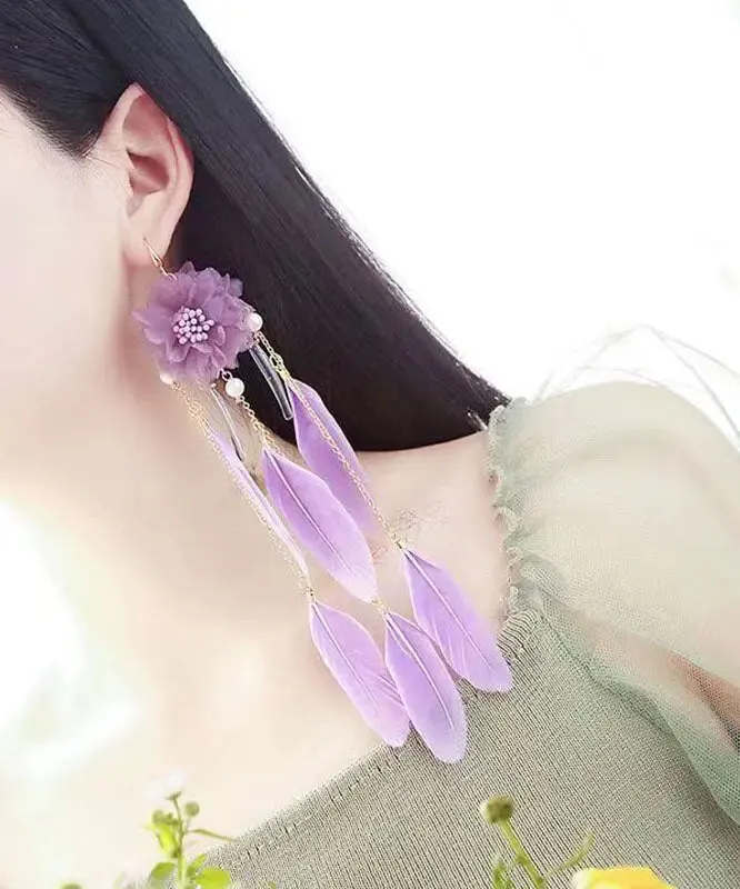 Chic Purple Hand Woven Feather Tassel Drop Earrings LY8992