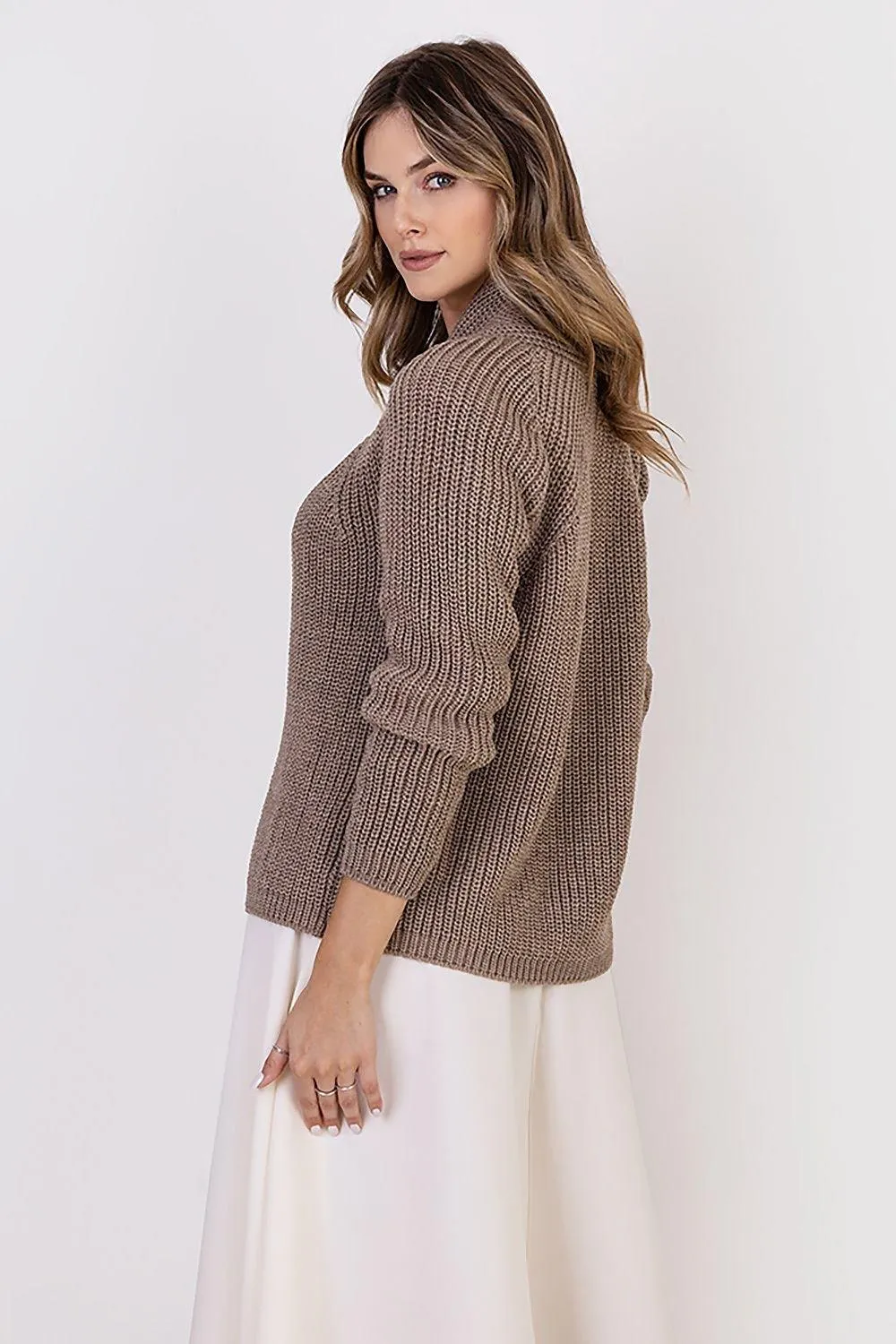 Chic Ribbed Stand-Up Collar Cardigan by MKM