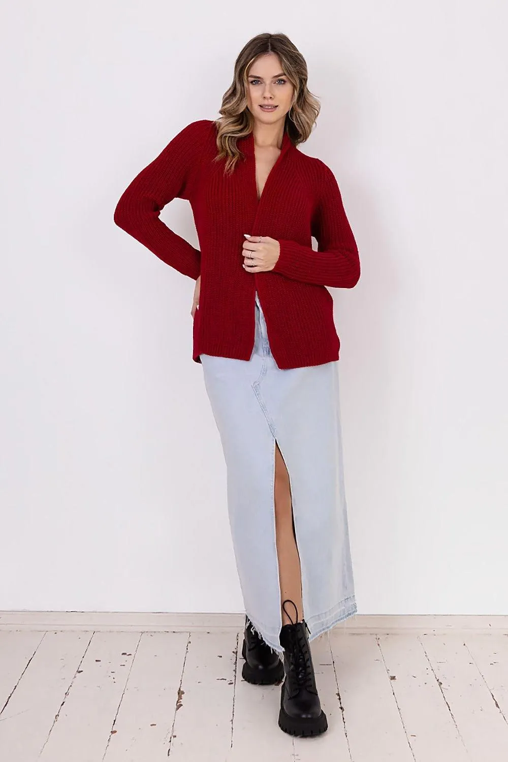 Chic Ribbed Stand-Up Collar Cardigan by MKM