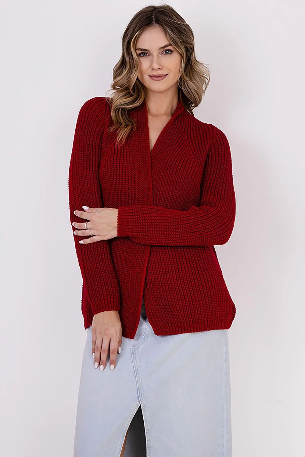 Chic Ribbed Stand-Up Collar Cardigan by MKM