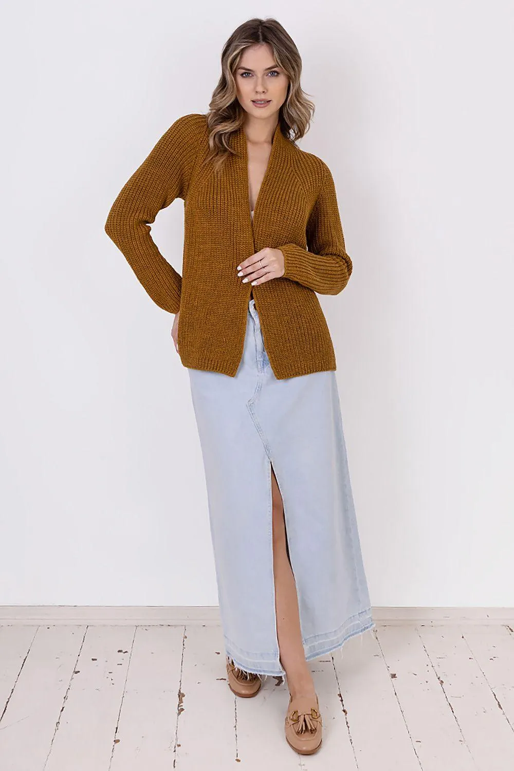 Chic Ribbed Stand-Up Collar Cardigan by MKM