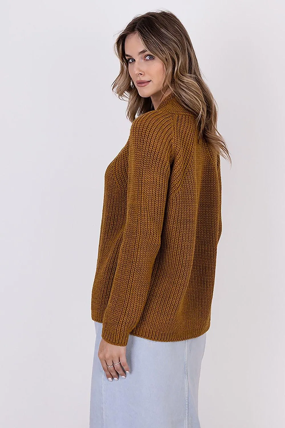 Chic Ribbed Stand-Up Collar Cardigan by MKM