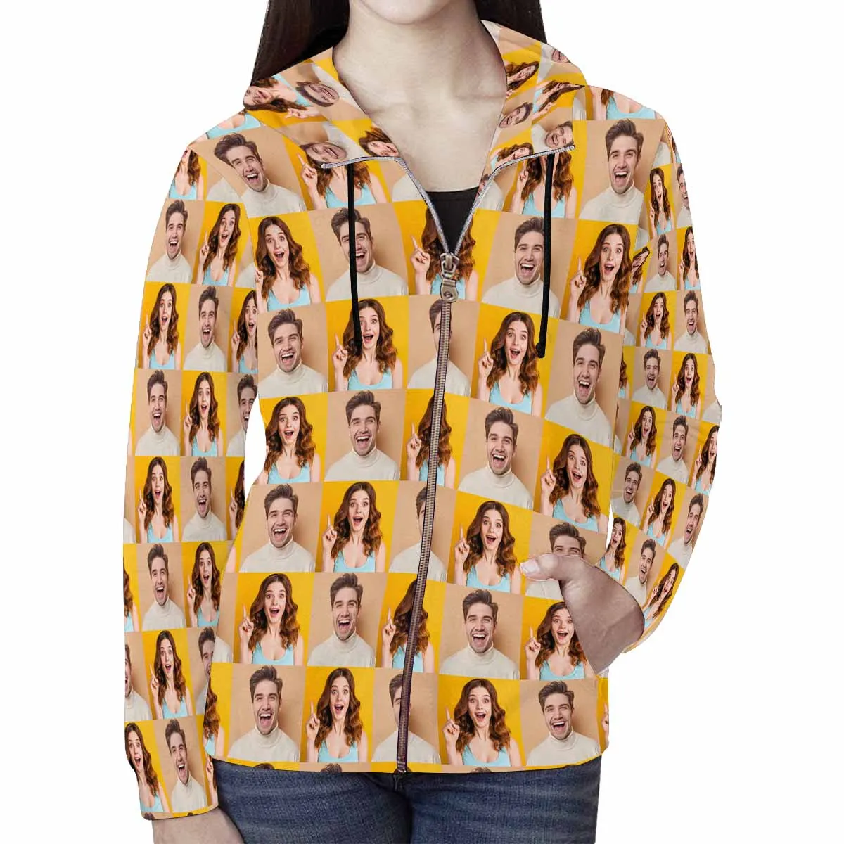 Custom Couple Face Full Zip Hoodie Seamless Photo on Personalized Women's All Over Print Hoodie