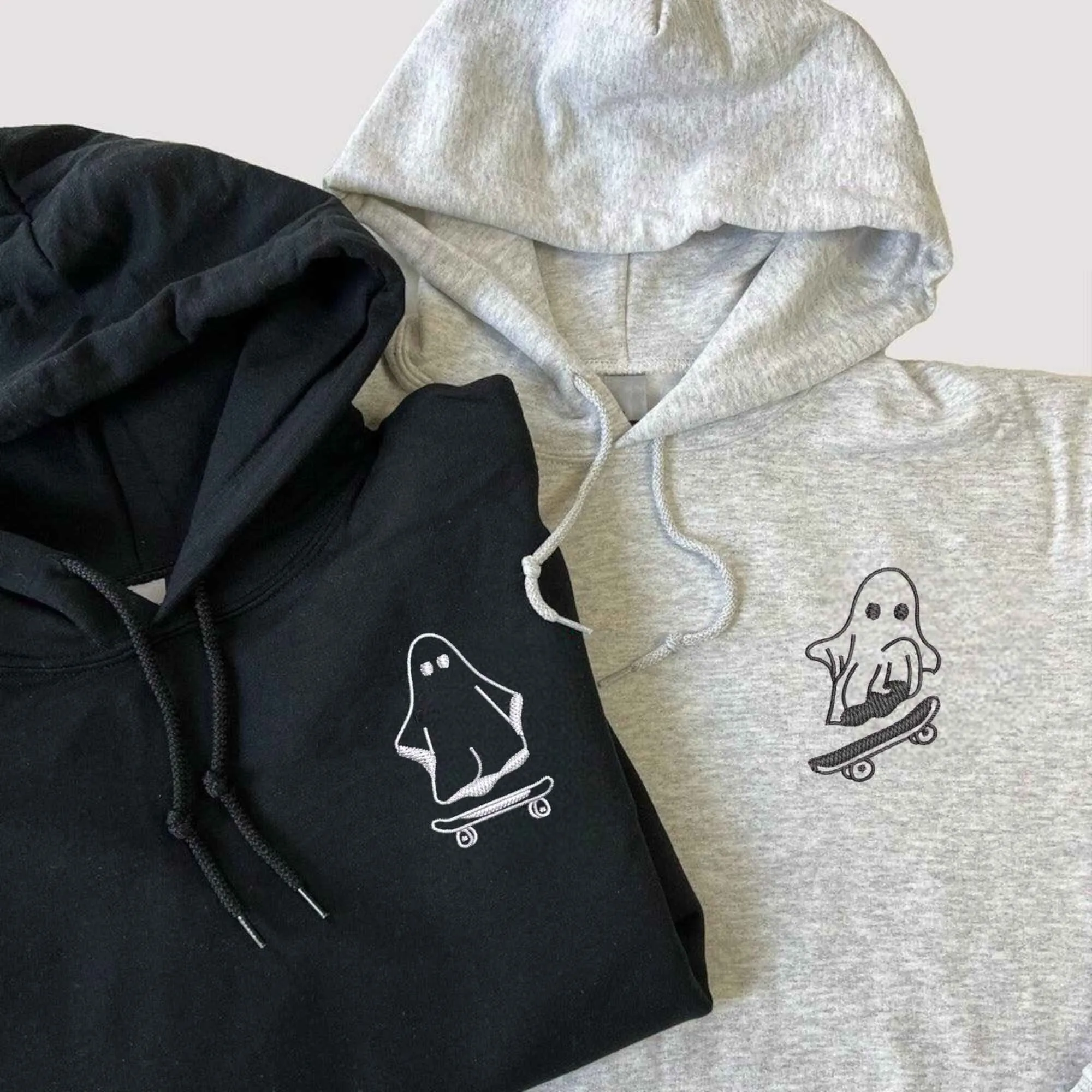 Custom Embroidered Skating Ghost Couple Hoodies | Matching Halloween Sweatshirts For Couples