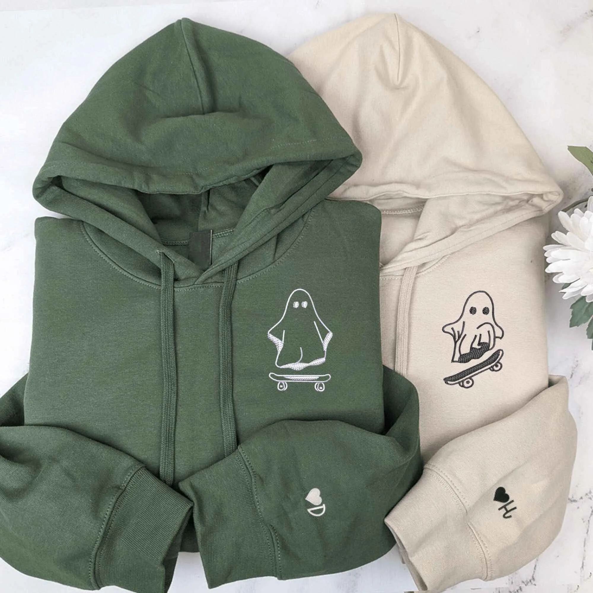 Custom Embroidered Skating Ghost Couple Hoodies | Matching Halloween Sweatshirts For Couples