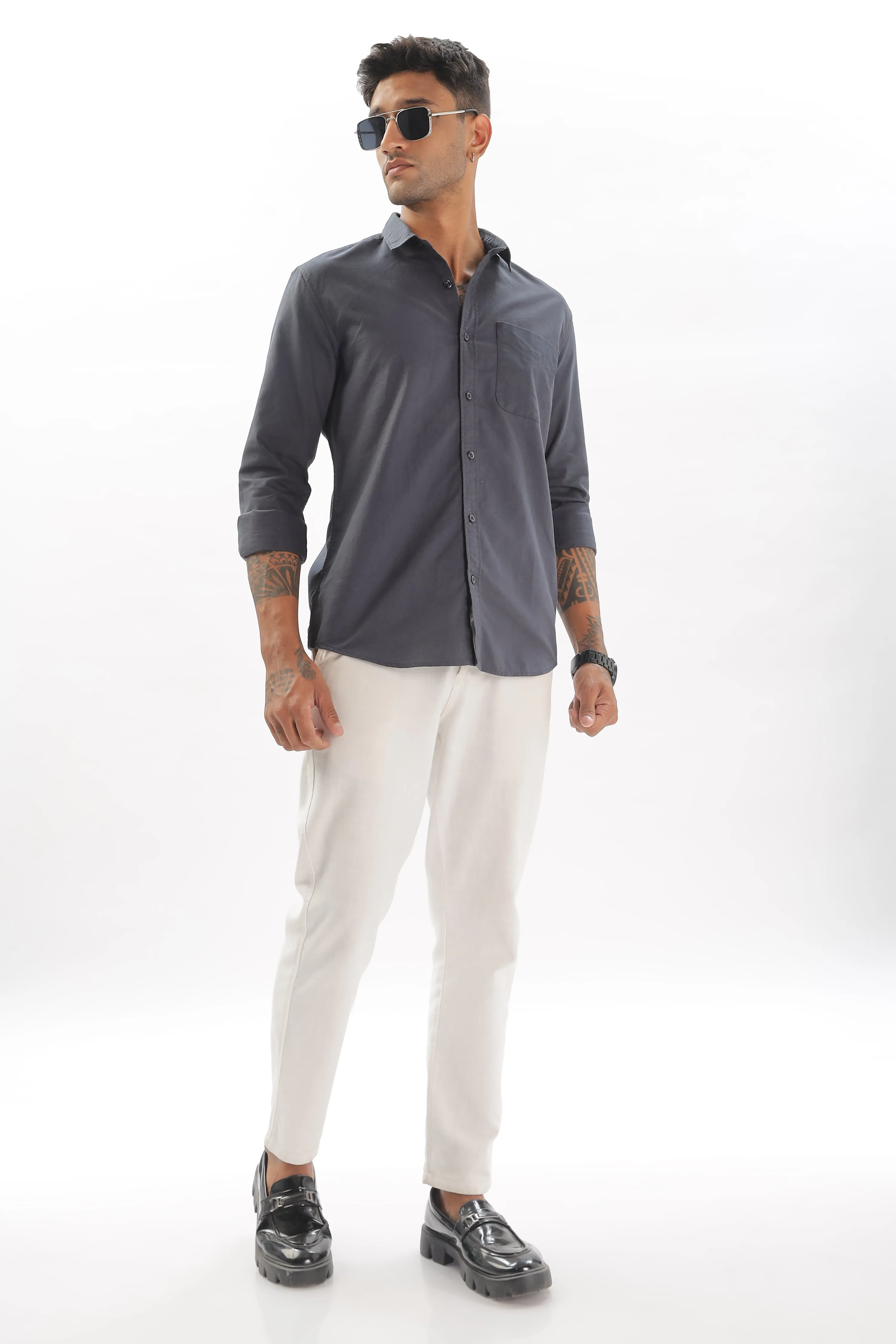 Dark Gray Regular Fit Plain Full Sleeve Shirt