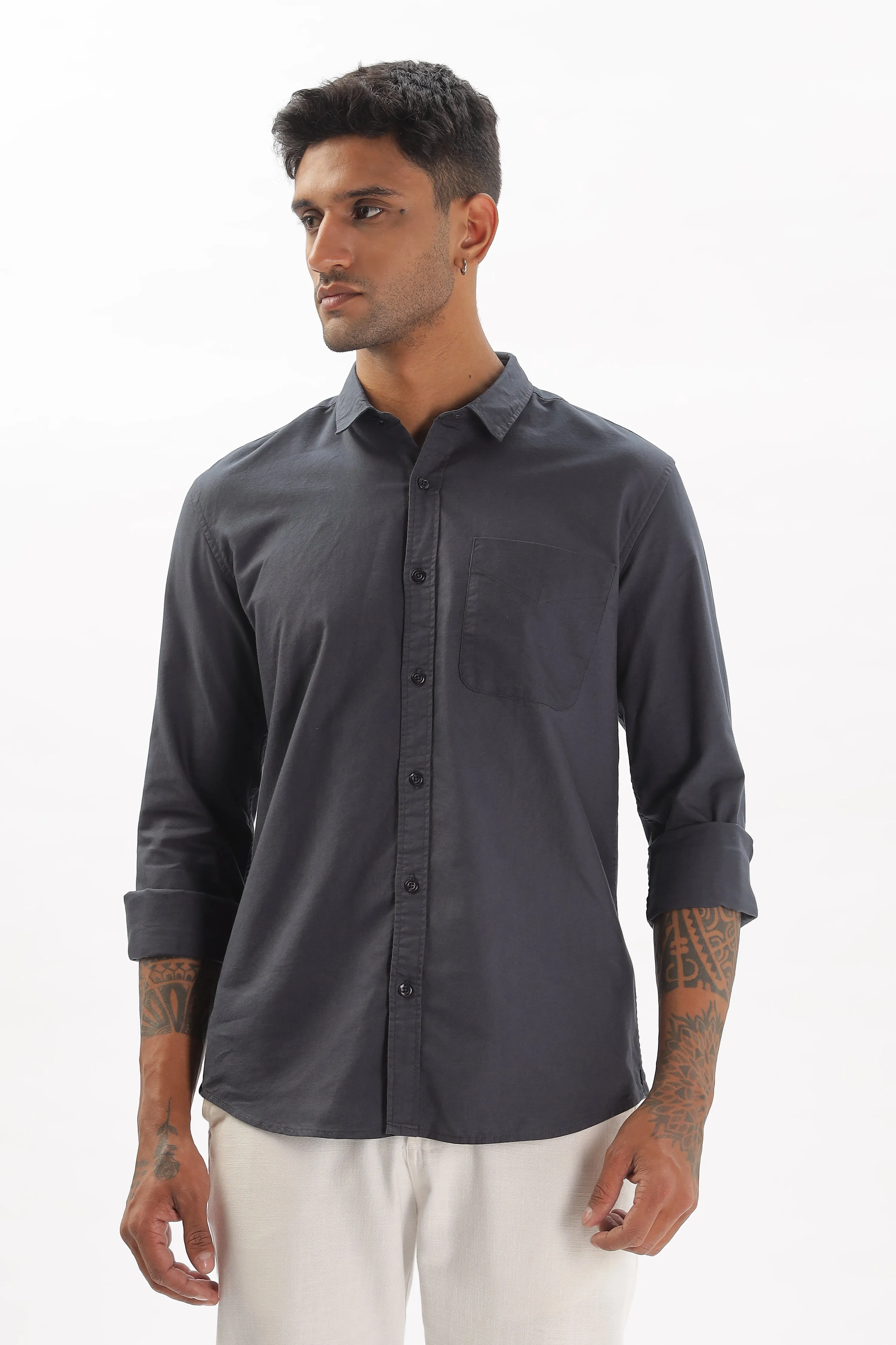 Dark Gray Regular Fit Plain Full Sleeve Shirt