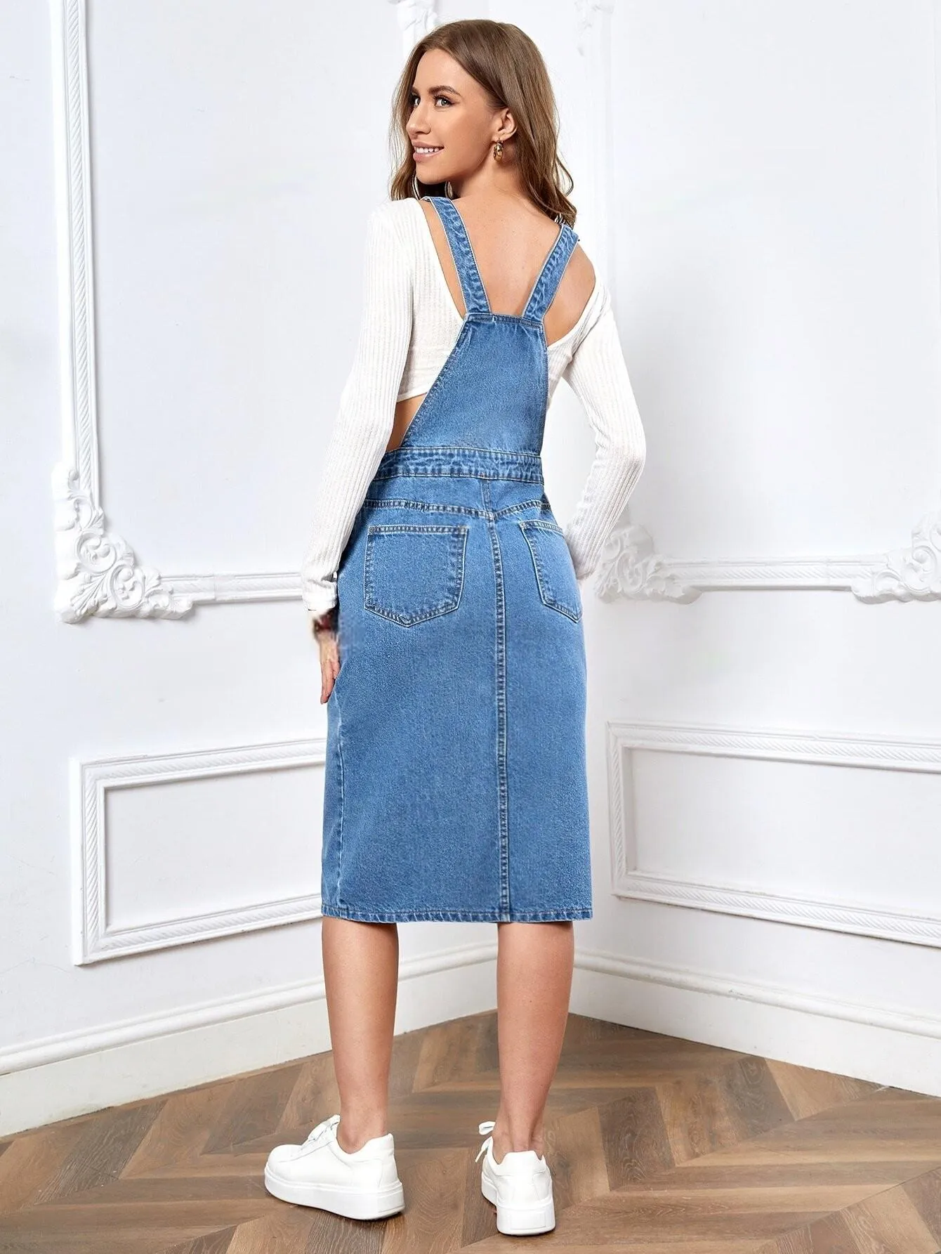 Essnce Slant Pocket Split Hem Overall Denim Dress (Without Tee)