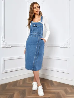 Essnce Slant Pocket Split Hem Overall Denim Dress (Without Tee)