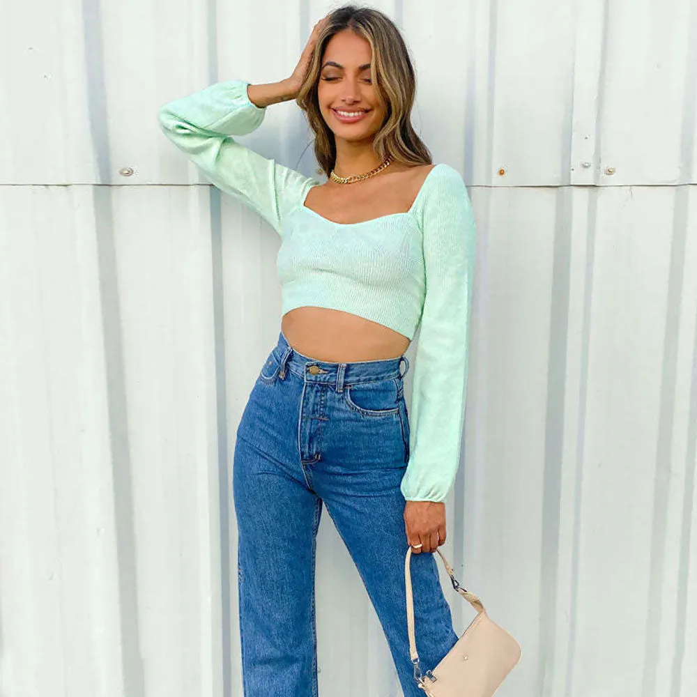 Feminine Sweetheart Balloon Sleeve Open Back Rib Knit Cropped Top