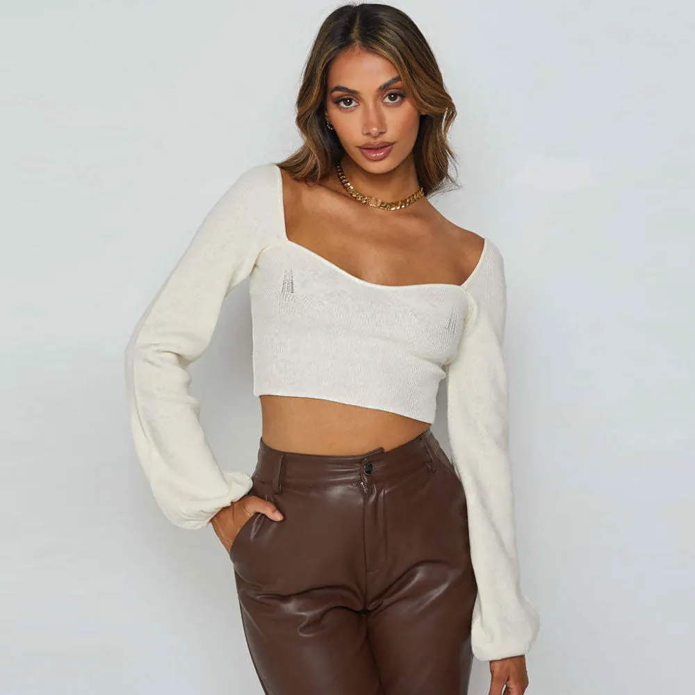 Feminine Sweetheart Balloon Sleeve Open Back Rib Knit Cropped Top