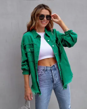 Green Tattered Frayed Denim Jacket