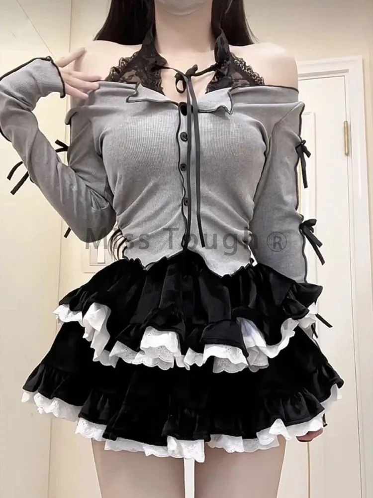 Grey Black Kawaii Lolita Two Piece Skirt and Top Set