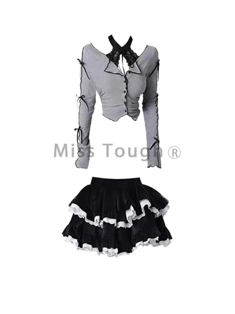 Grey Black Kawaii Lolita Two Piece Skirt and Top Set