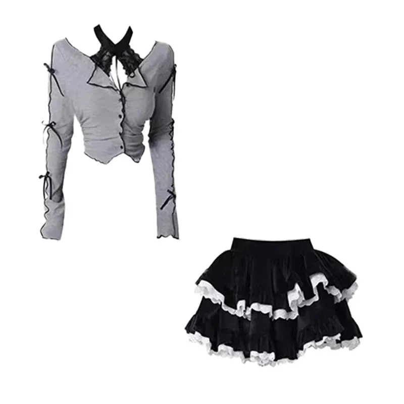 Grey Black Kawaii Lolita Two Piece Skirt and Top Set