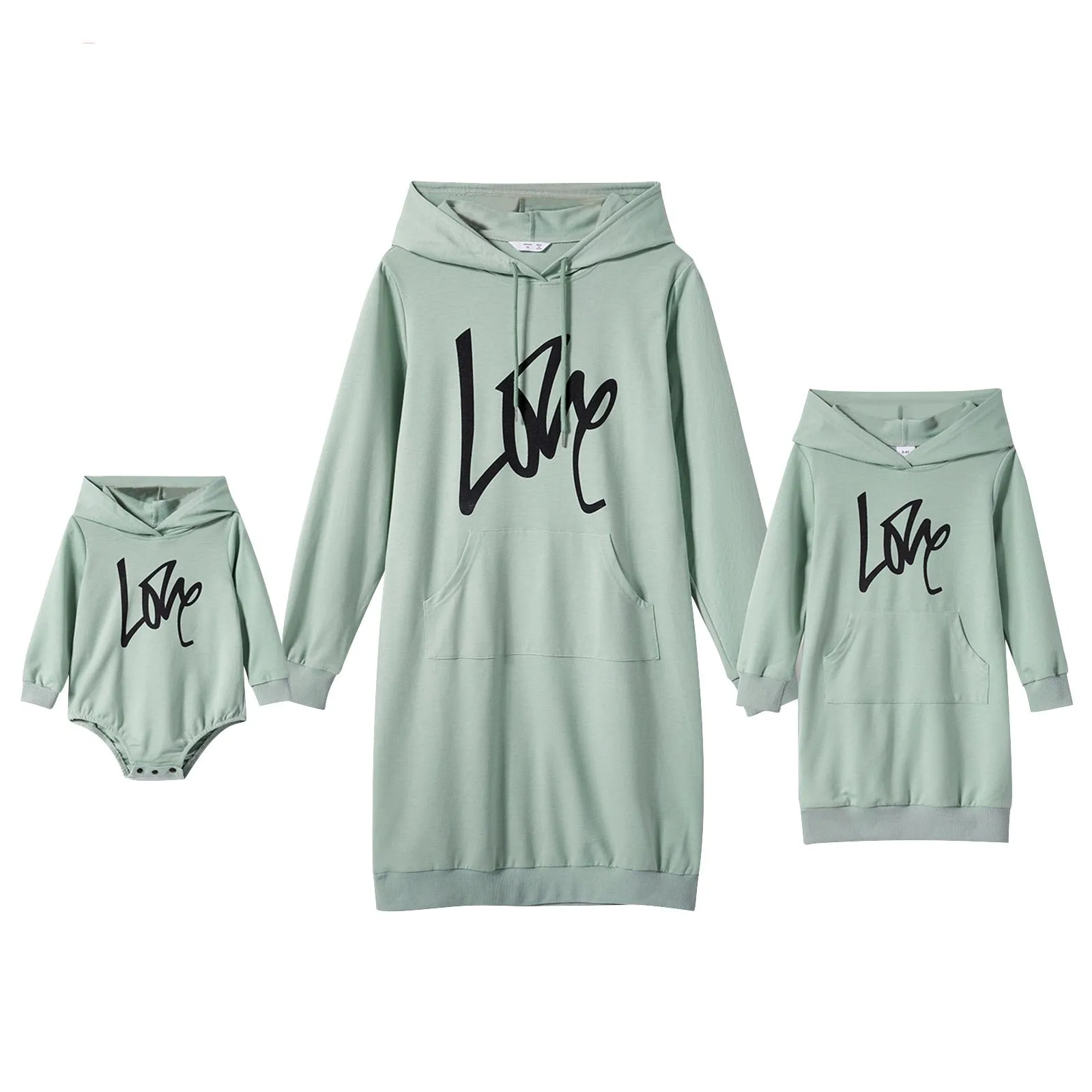 Matching Family Outfit - Green Dress with Hood and Long Sleeves Letter Print