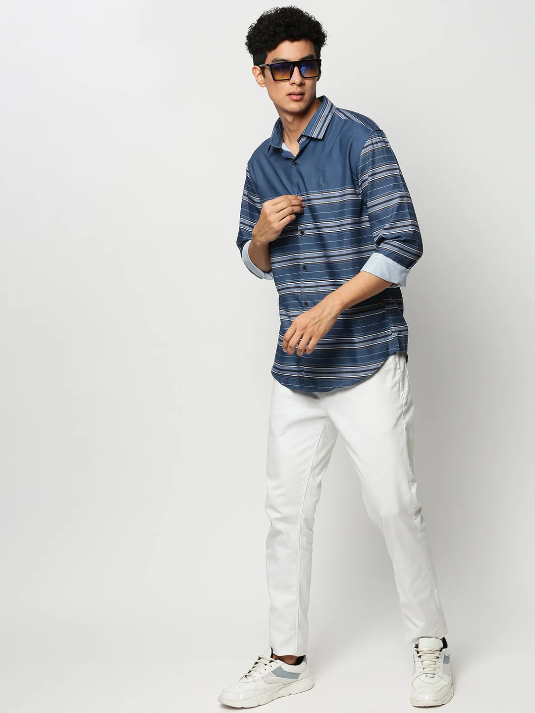 Men Blue Striped Casual Casual Shirts