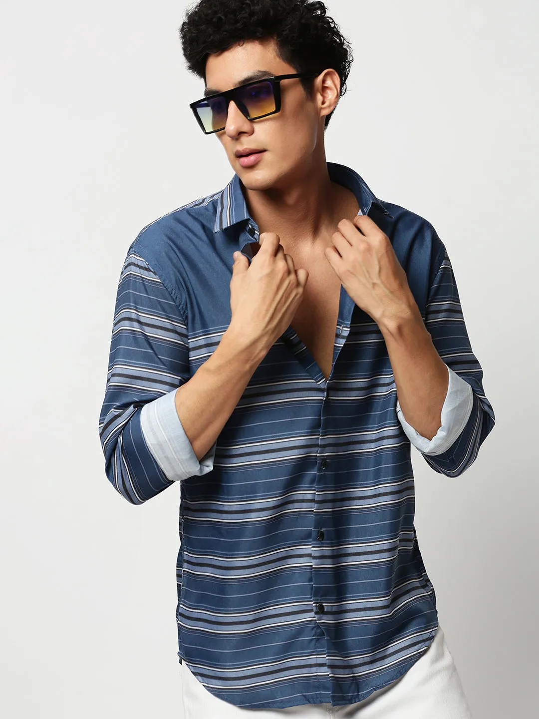 Men Blue Striped Casual Casual Shirts