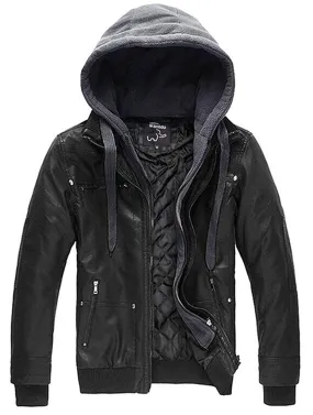 Men's Faux Leather Jacket with Removable Hood