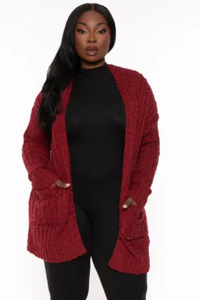 Plus Size Cozy Popcorn Cardigan - Burgundy