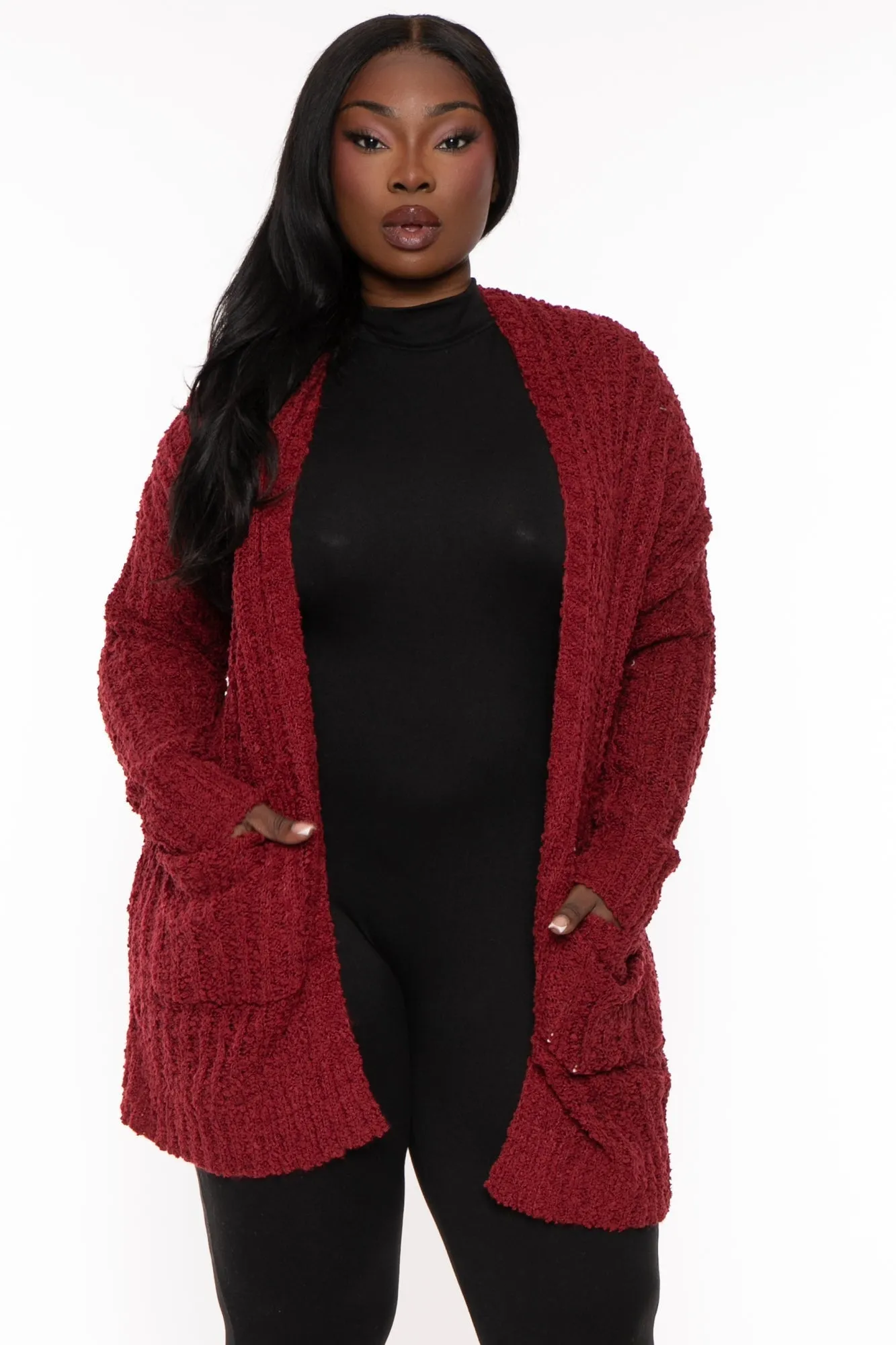 Plus Size Cozy Popcorn Cardigan - Burgundy