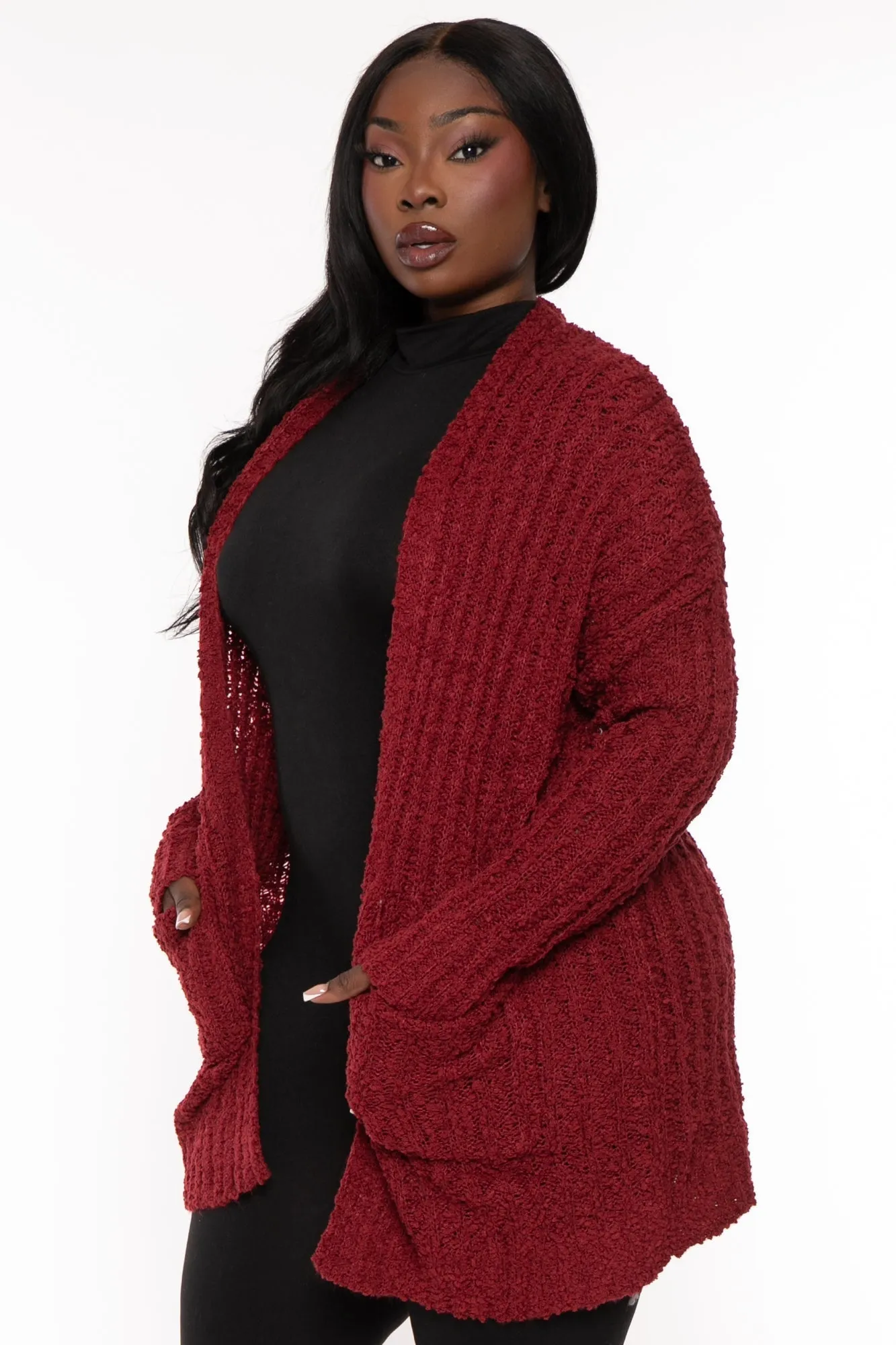 Plus Size Cozy Popcorn Cardigan - Burgundy