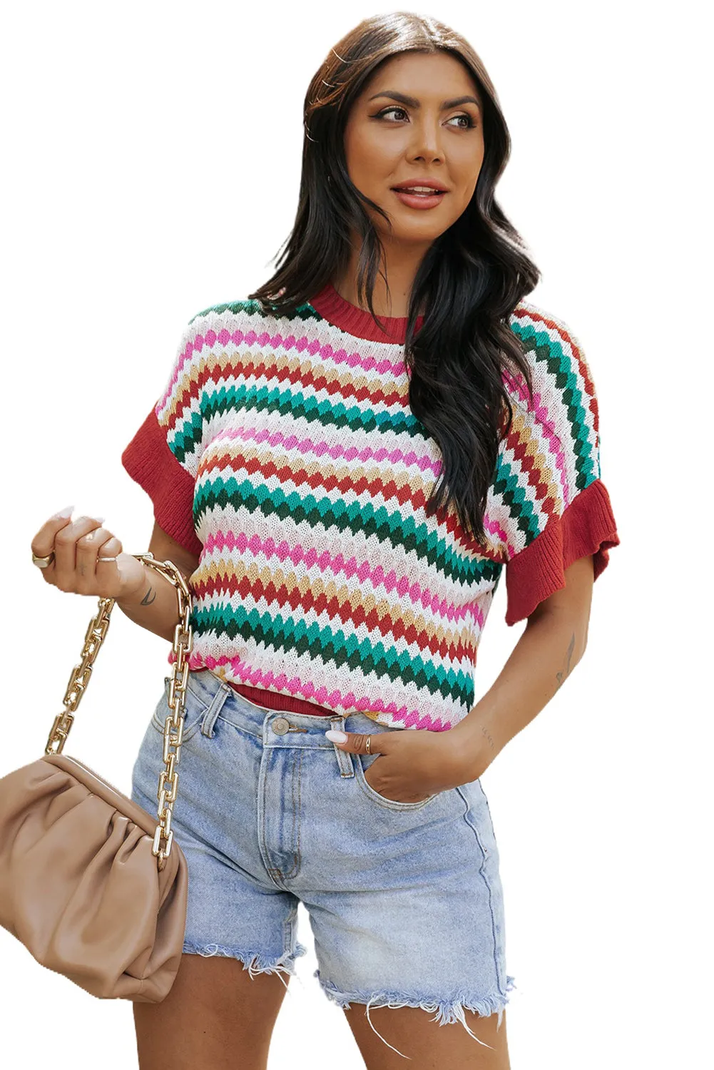 Ruffle Sleeve Colorful Textured Sweater