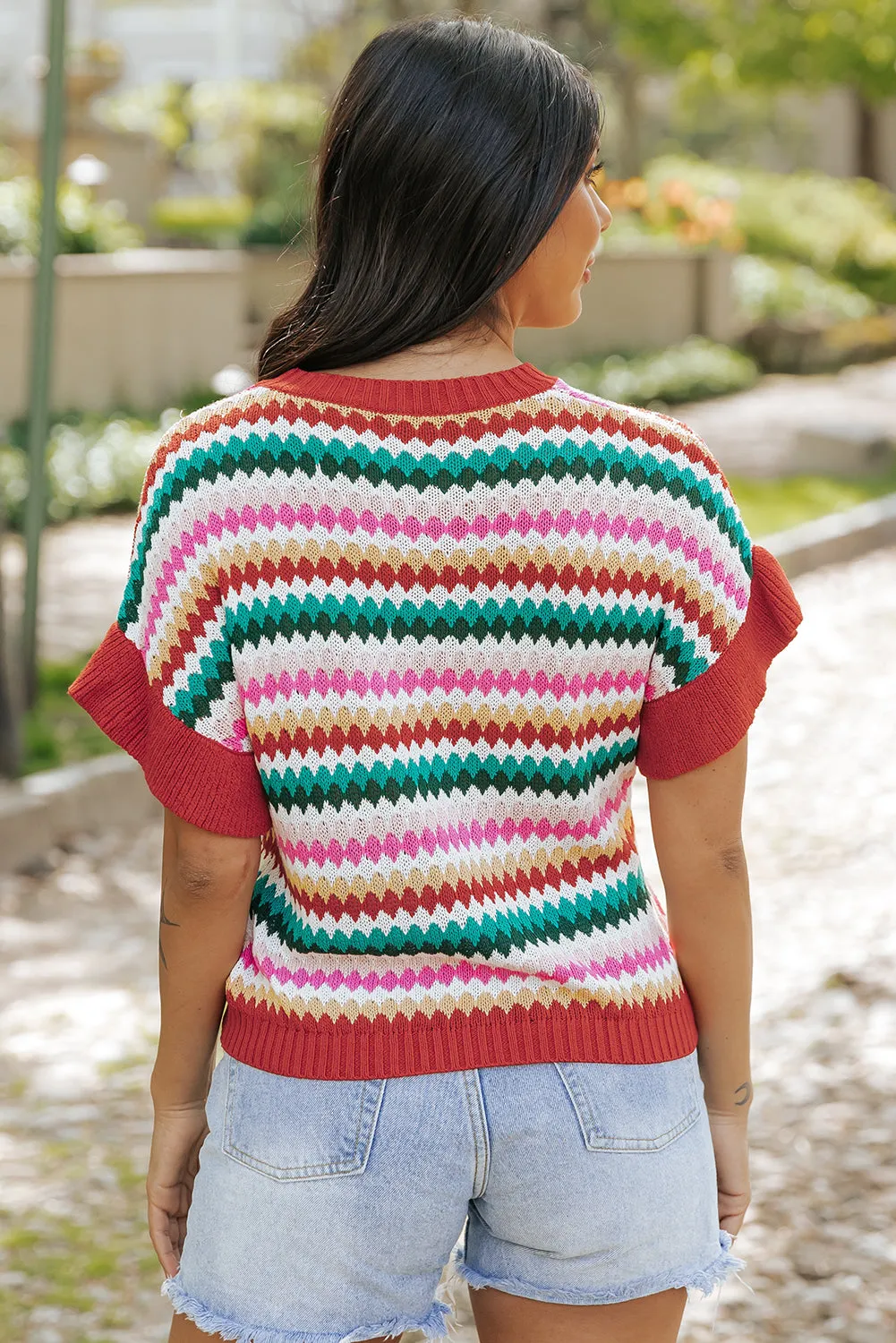 Ruffle Sleeve Colorful Textured Sweater