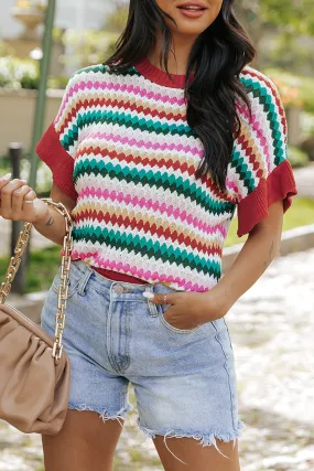 Ruffle Sleeve Colorful Textured Sweater