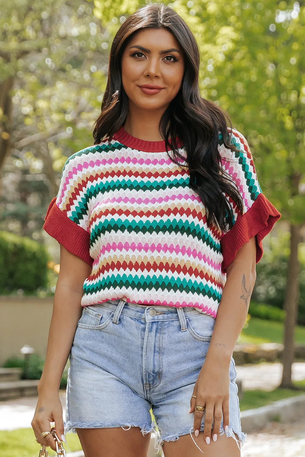 Ruffle Sleeve Colorful Textured Sweater