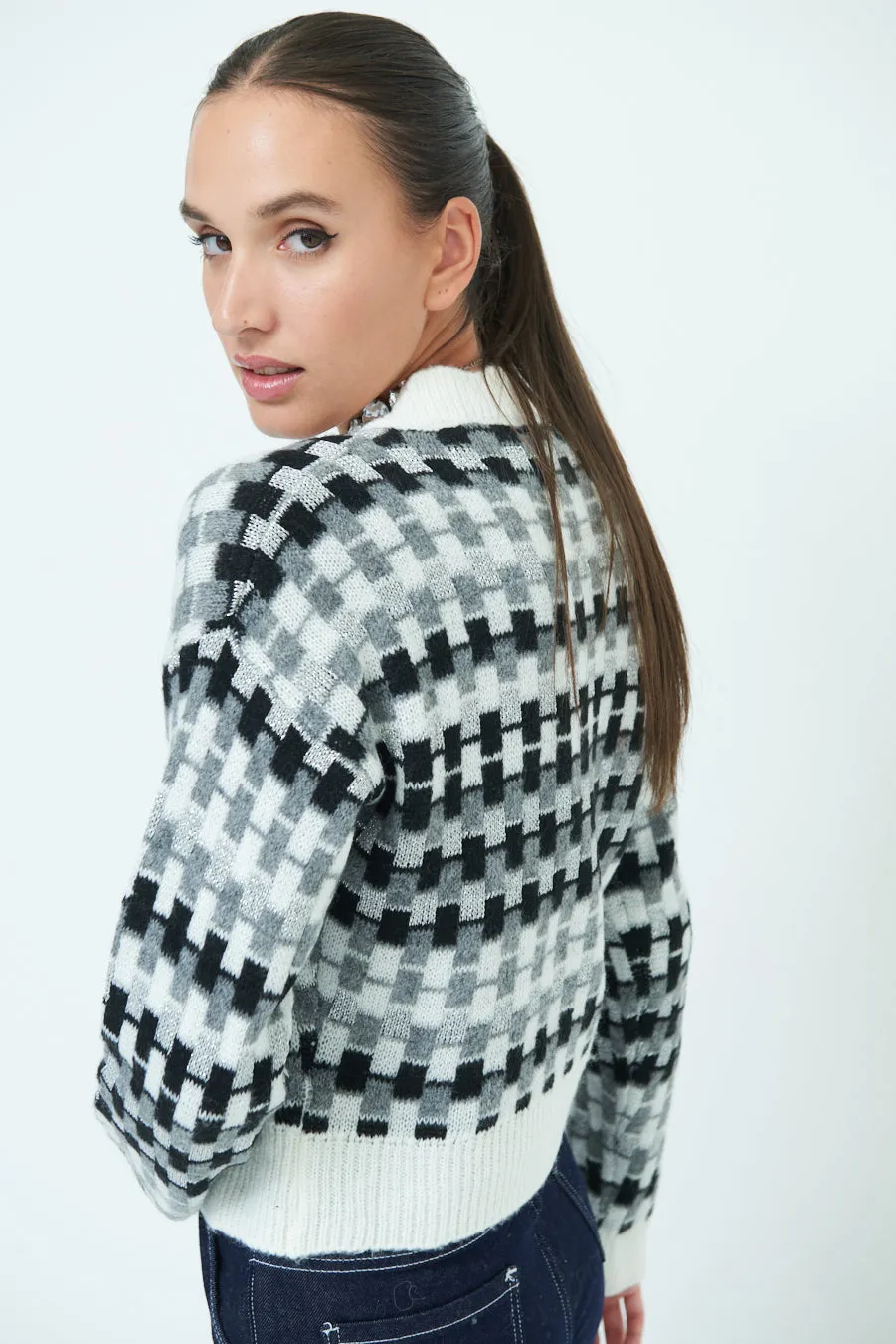 Trendy checkered knit cardigan wholesale