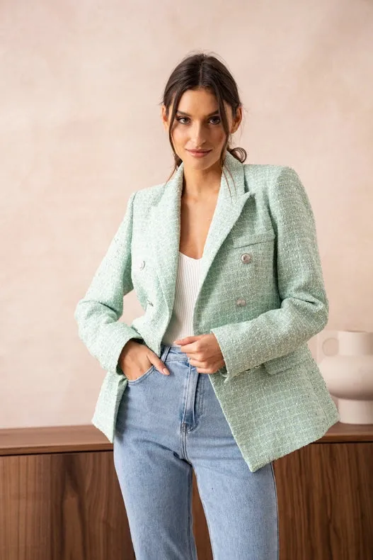 Tweed Double-Breasted Blazer Jacket With Gold Buttons Light Green