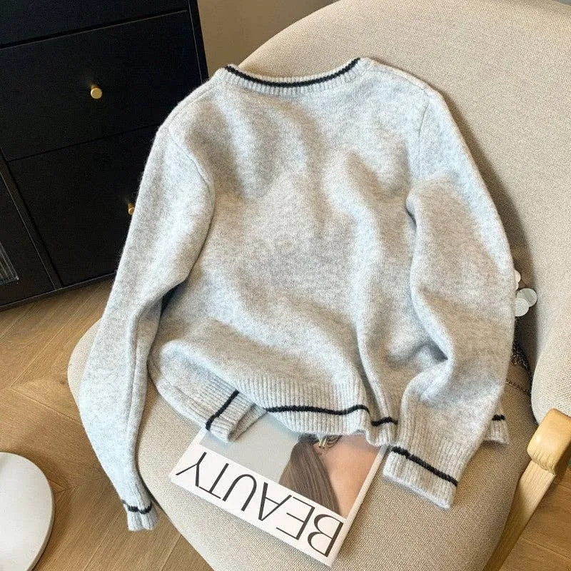 U.Z. Contrast Color Long Sleeve Crewneck Single Breasted Tied Knitted Cardigan Sweater: WHITE / One_size