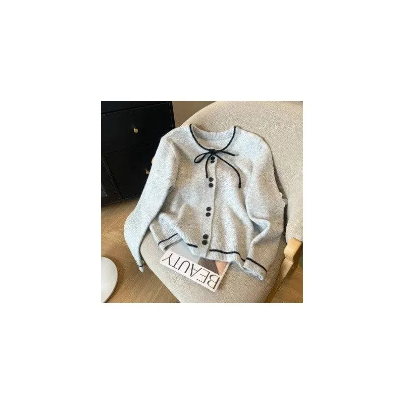 U.Z. Contrast Color Long Sleeve Crewneck Single Breasted Tied Knitted Cardigan Sweater: WHITE / One_size