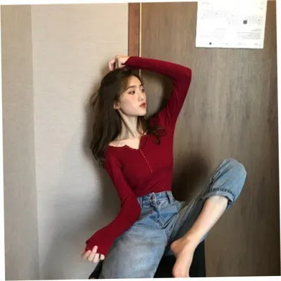 V-Neck Knitted Long Sleeved Solid Colored Slimming Feminine Sweater