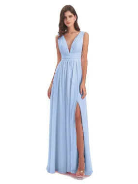 Wedding Sky Blue Bridesmaid Dresses Charming Chiffon V Neck Split Long Bridesmaid Dresses